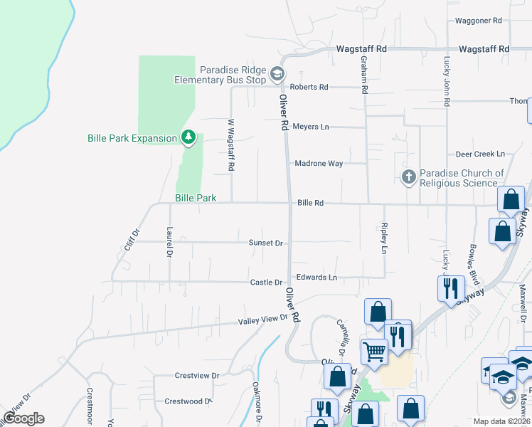 map of restaurants, bars, coffee shops, grocery stores, and more near 620 Bille Road in Paradise
