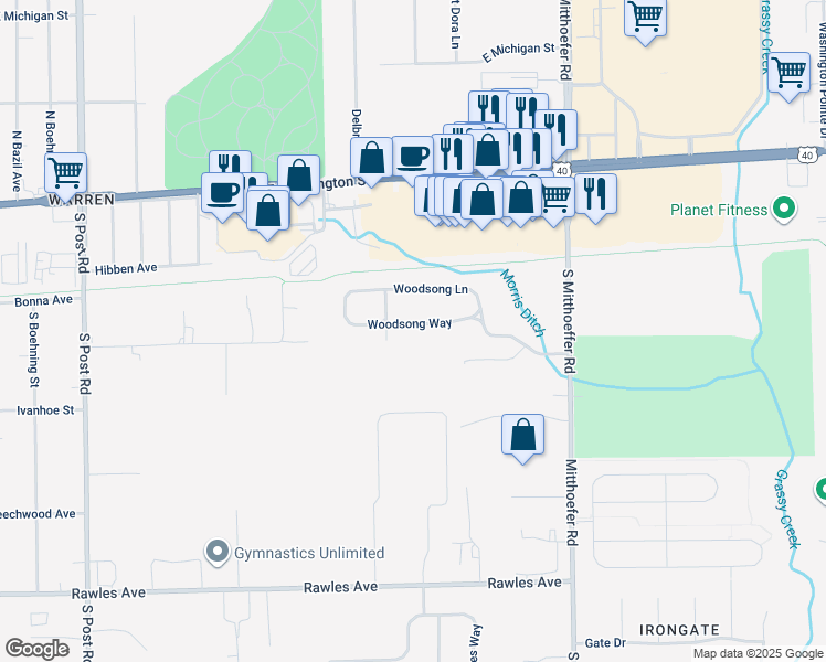 map of restaurants, bars, coffee shops, grocery stores, and more near 9653 Woodsong Way in Indianapolis