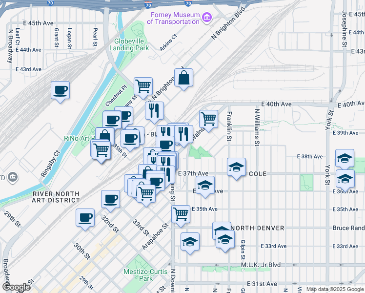 map of restaurants, bars, coffee shops, grocery stores, and more near 3702 Walnut Street in Denver
