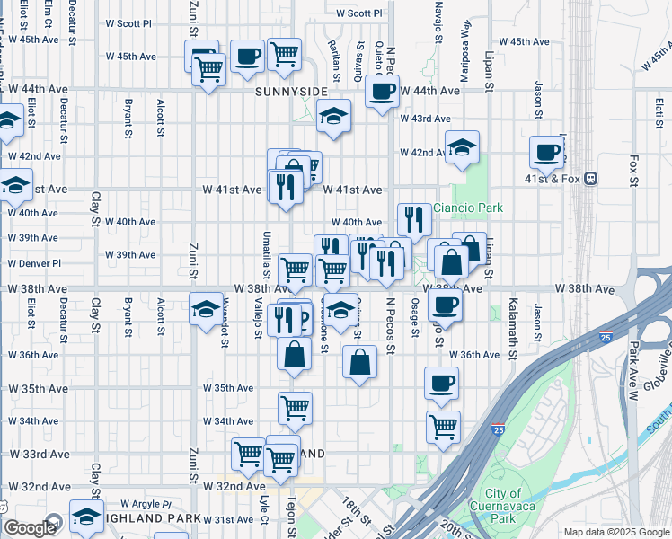 map of restaurants, bars, coffee shops, grocery stores, and more near 1837 West 38th Avenue in Denver