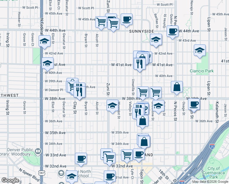 map of restaurants, bars, coffee shops, grocery stores, and more near in Denver