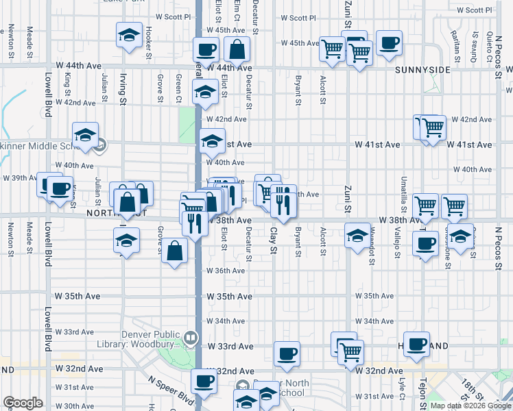 map of restaurants, bars, coffee shops, grocery stores, and more near 2709 West 38th Avenue in Denver