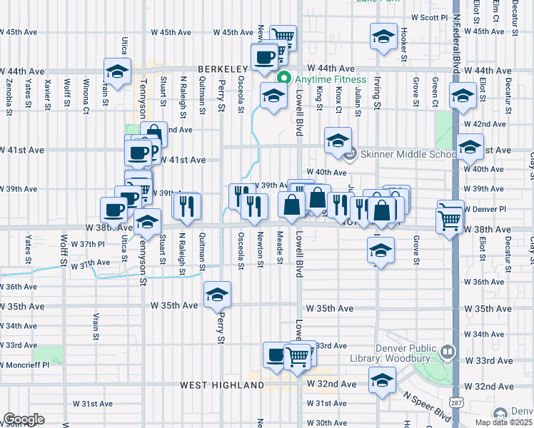 map of restaurants, bars, coffee shops, grocery stores, and more near in Denver