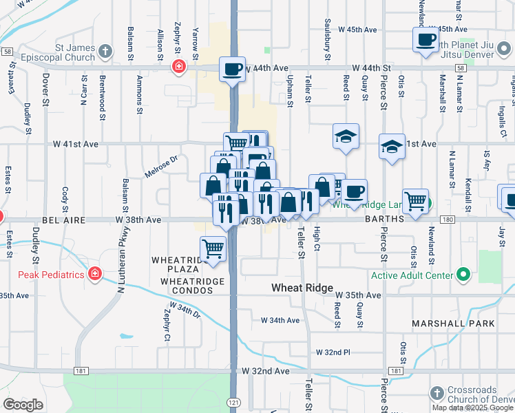 map of restaurants, bars, coffee shops, grocery stores, and more near in Wheat Ridge
