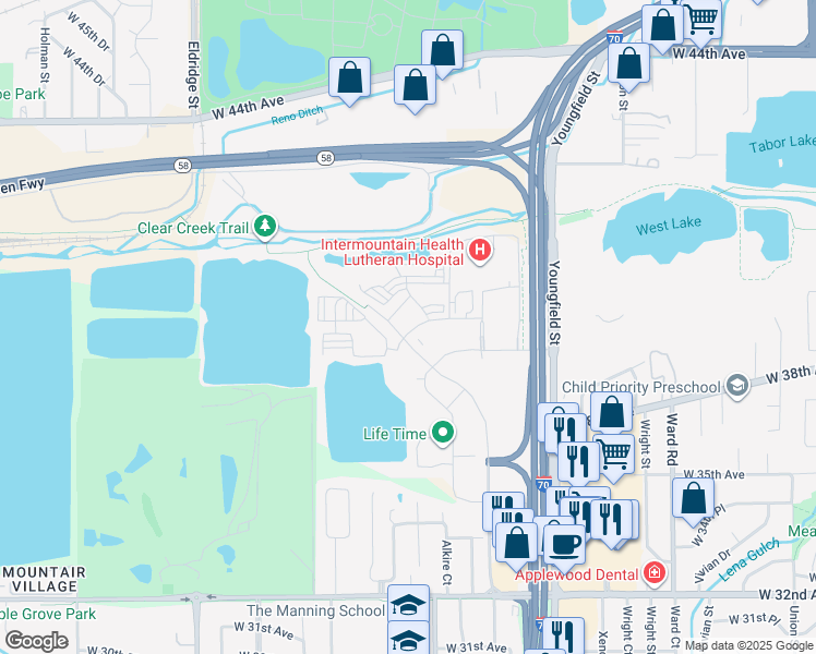 map of restaurants, bars, coffee shops, grocery stores, and more near 4040 Clear Creek Drive in Wheat Ridge