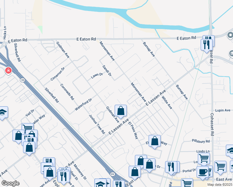 map of restaurants, bars, coffee shops, grocery stores, and more near 18 Mayfair Drive in Chico