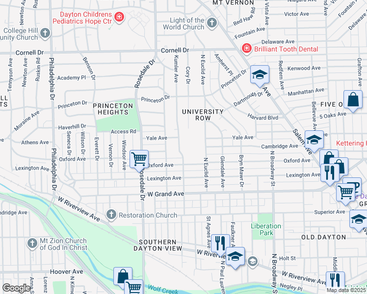 map of restaurants, bars, coffee shops, grocery stores, and more near 1221 Kumler Avenue in Dayton