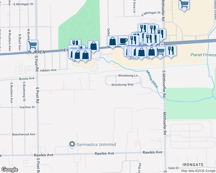 map of restaurants, bars, coffee shops, grocery stores, and more near 9557 Woodsong Way in Indianapolis