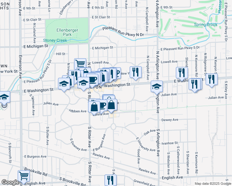 map of restaurants, bars, coffee shops, grocery stores, and more near 55 South Audubon Road in Indianapolis