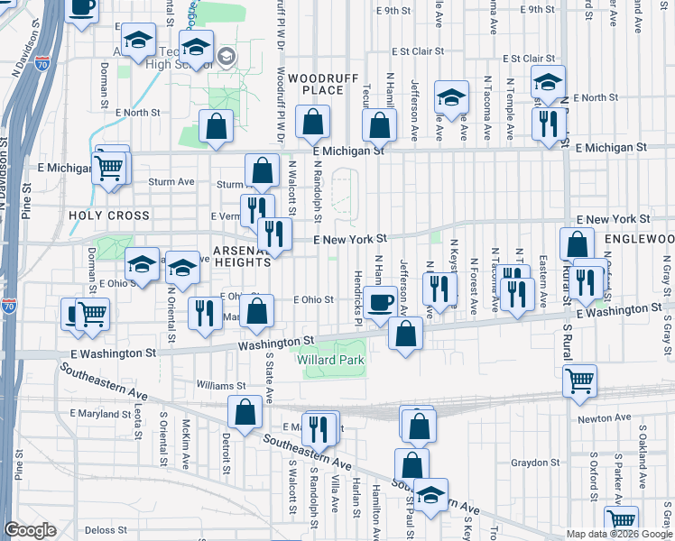 map of restaurants, bars, coffee shops, grocery stores, and more near 221 East Parkview Avenue in Indianapolis