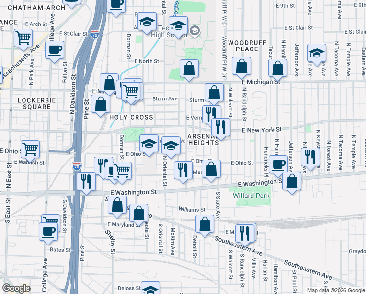map of restaurants, bars, coffee shops, grocery stores, and more near 215 North Arsenal Avenue in Indianapolis