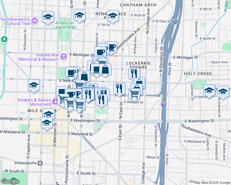 map of restaurants, bars, coffee shops, grocery stores, and more near in Indianapolis