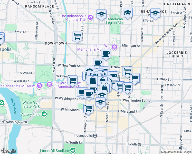 map of restaurants, bars, coffee shops, grocery stores, and more near in Indianapolis