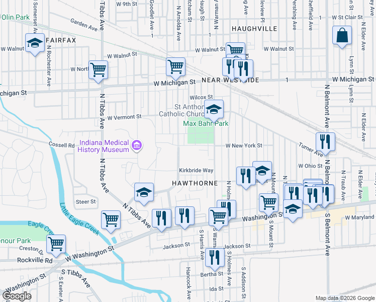 map of restaurants, bars, coffee shops, grocery stores, and more near 2950 Kirkbride Way in Indianapolis