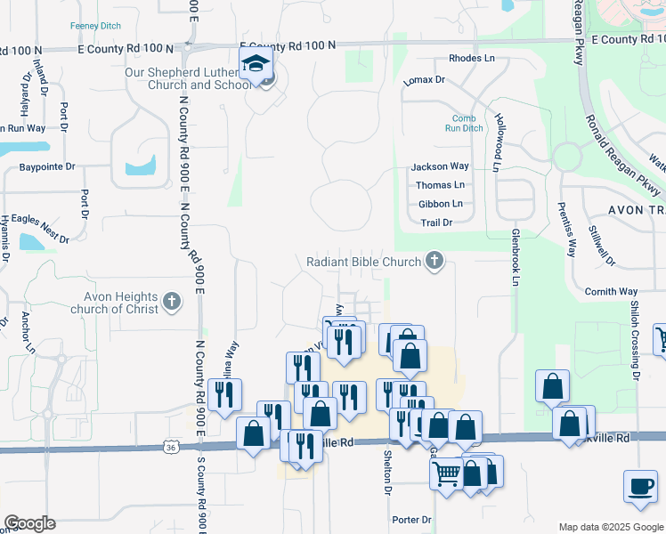 map of restaurants, bars, coffee shops, grocery stores, and more near 430 Creekwood Drive in Avon