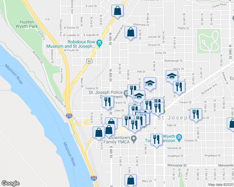 map of restaurants, bars, coffee shops, grocery stores, and more near 501 Faraon Street in Saint Joseph