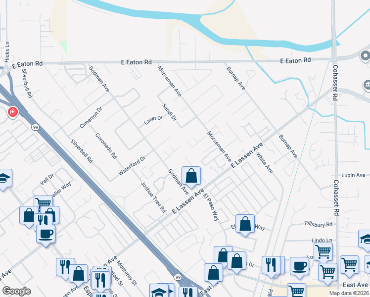 map of restaurants, bars, coffee shops, grocery stores, and more near 15 San Gabriel Drive in Chico
