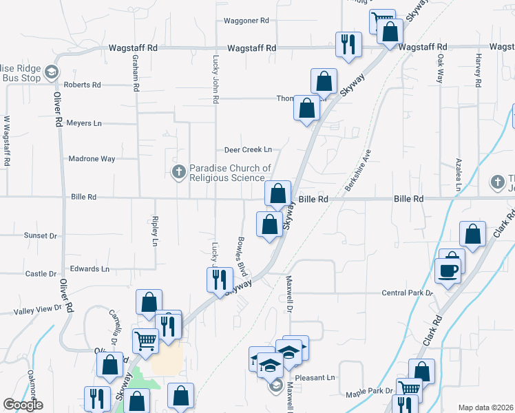 map of restaurants, bars, coffee shops, grocery stores, and more near 948 Bille Road in Paradise
