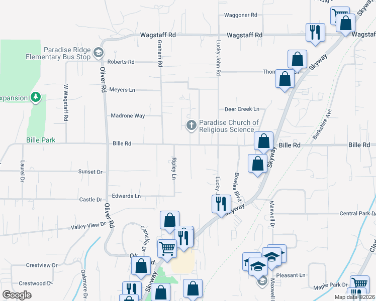 map of restaurants, bars, coffee shops, grocery stores, and more near 6169 Fern Lane in Paradise