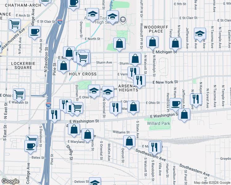 map of restaurants, bars, coffee shops, grocery stores, and more near 215 North Arsenal Avenue in Indianapolis