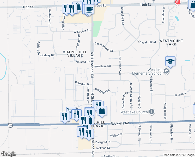 map of restaurants, bars, coffee shops, grocery stores, and more near 261 North Girls School Road in Indianapolis