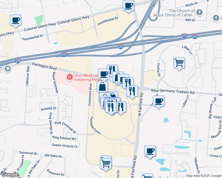 map of restaurants, bars, coffee shops, grocery stores, and more near 2755 Fairfield Commons Boulevard in Dayton
