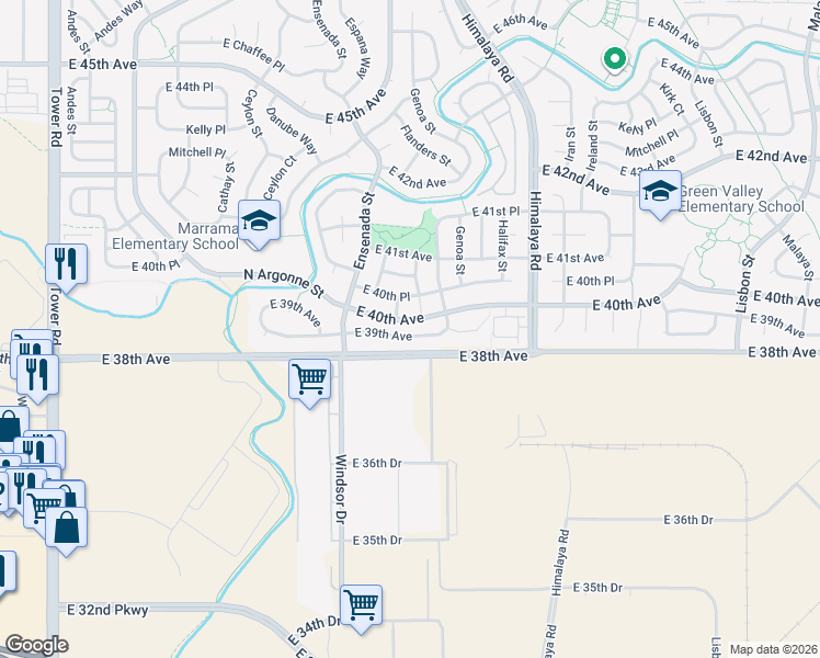 map of restaurants, bars, coffee shops, grocery stores, and more near 19577 East 39th Avenue in Denver