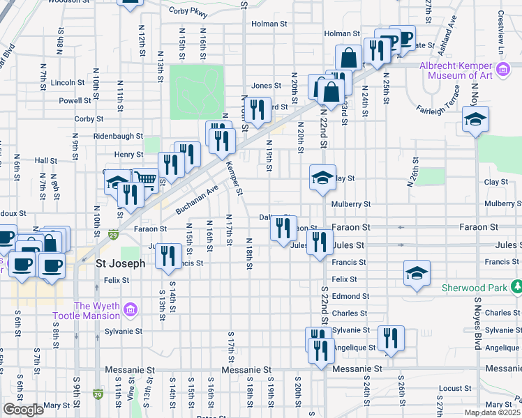 map of restaurants, bars, coffee shops, grocery stores, and more near 415 North 19th Street in Saint Joseph