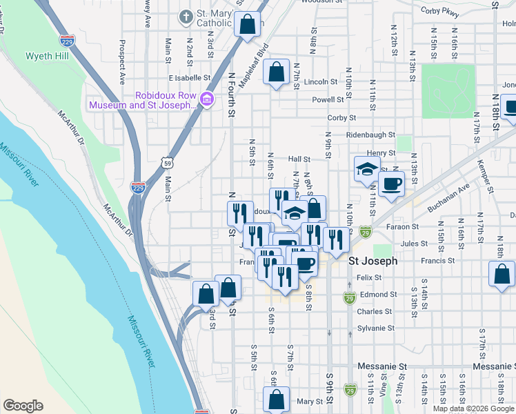 map of restaurants, bars, coffee shops, grocery stores, and more near 501 Faraon Street in Saint Joseph