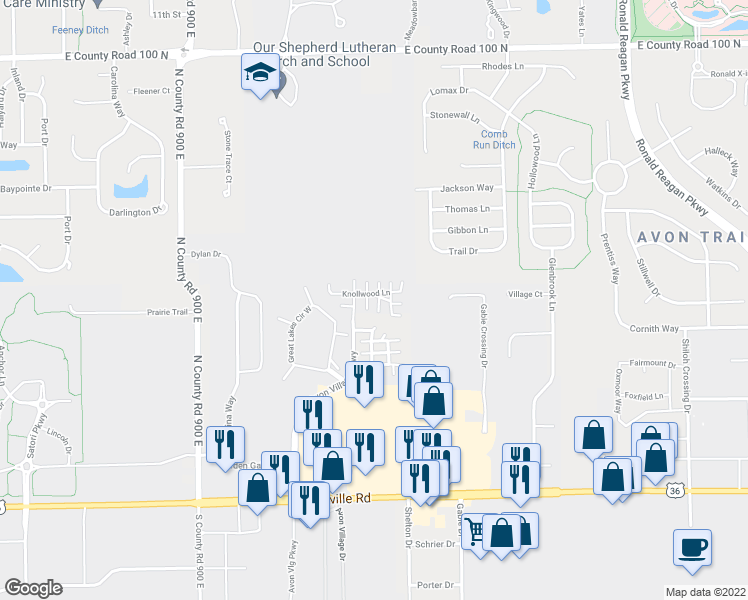 map of restaurants, bars, coffee shops, grocery stores, and more near 9423 Knollwood Lane in Avon