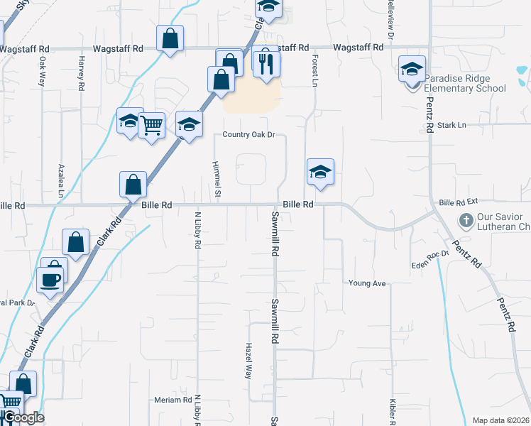 map of restaurants, bars, coffee shops, grocery stores, and more near 1492 Bille Road in Paradise