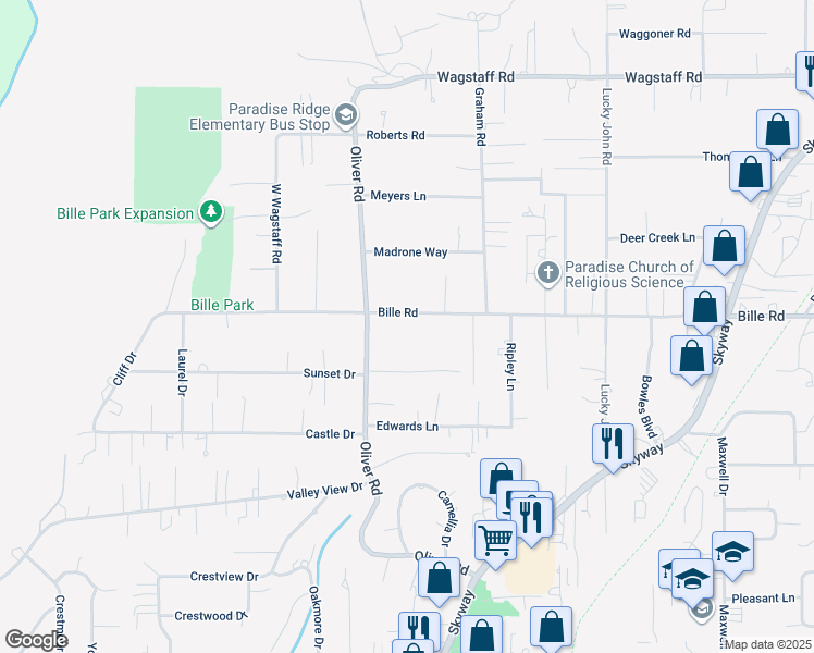 map of restaurants, bars, coffee shops, grocery stores, and more near 686 Bille Road in Paradise