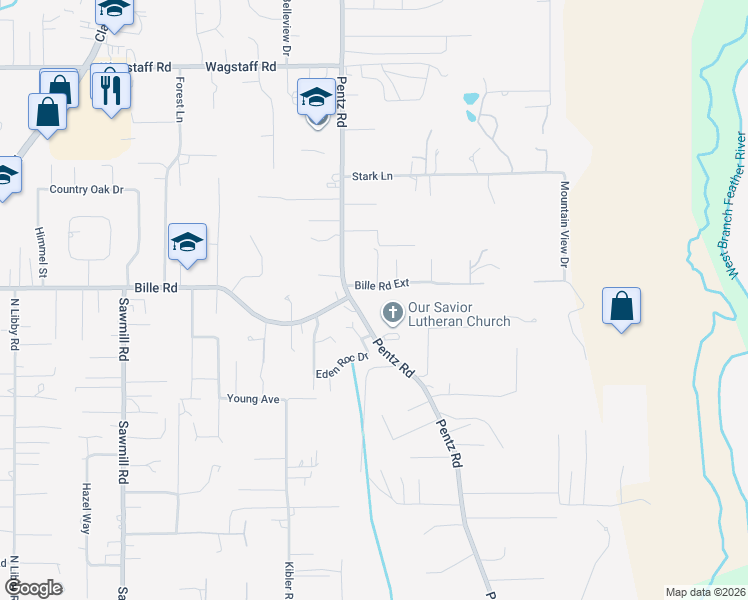 map of restaurants, bars, coffee shops, grocery stores, and more near 1778 Bille Road in Paradise