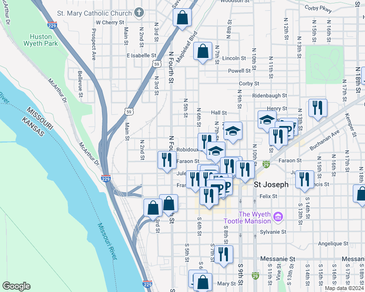 map of restaurants, bars, coffee shops, grocery stores, and more near 508 North 5th Street in Saint Joseph
