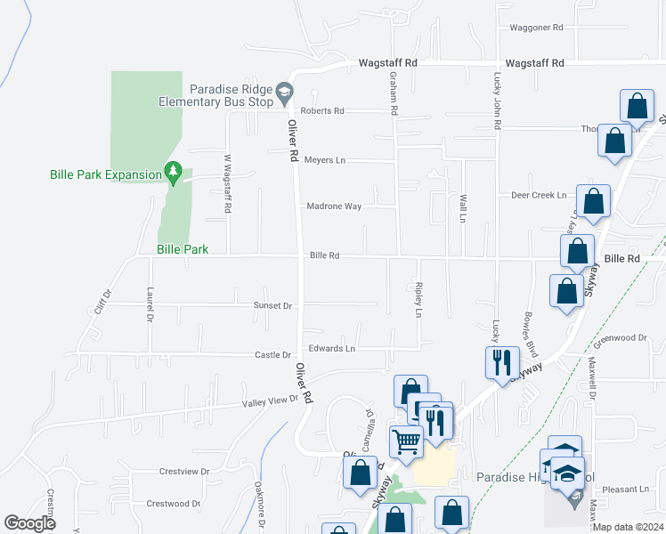 map of restaurants, bars, coffee shops, grocery stores, and more near 686 Bille Road in Paradise