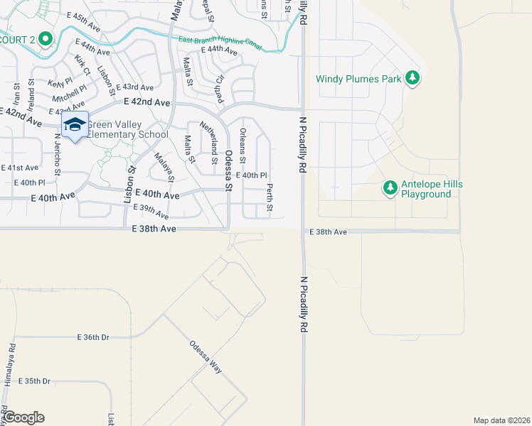 map of restaurants, bars, coffee shops, grocery stores, and more near 21558 East 38th Place in Denver