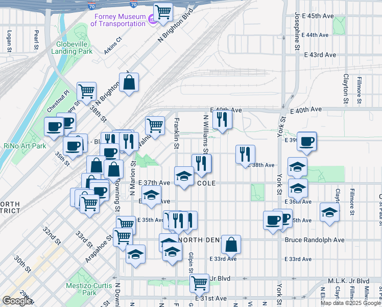 map of restaurants, bars, coffee shops, grocery stores, and more near East 38th Avenue & Gilpin Street in Denver