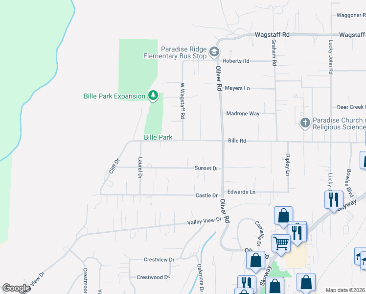 map of restaurants, bars, coffee shops, grocery stores, and more near 570 Bille Road in Paradise