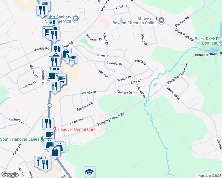 map of restaurants, bars, coffee shops, grocery stores, and more near 1384 Wanda Drive in Hanover