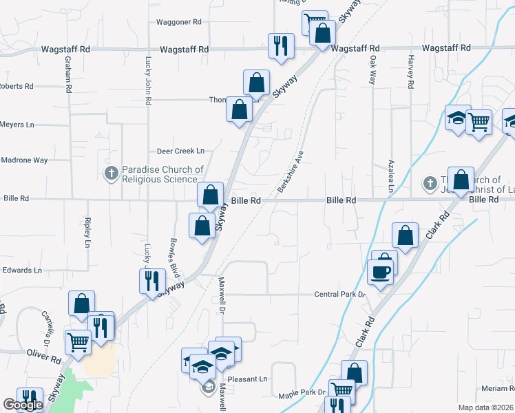 map of restaurants, bars, coffee shops, grocery stores, and more near 6169 Berkshire Way in Paradise