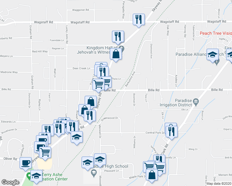 map of restaurants, bars, coffee shops, grocery stores, and more near 1030 Bille Road in Paradise