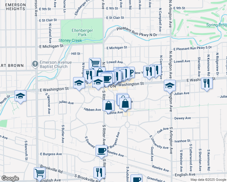 map of restaurants, bars, coffee shops, grocery stores, and more near 47 Johnson Avenue in Indianapolis