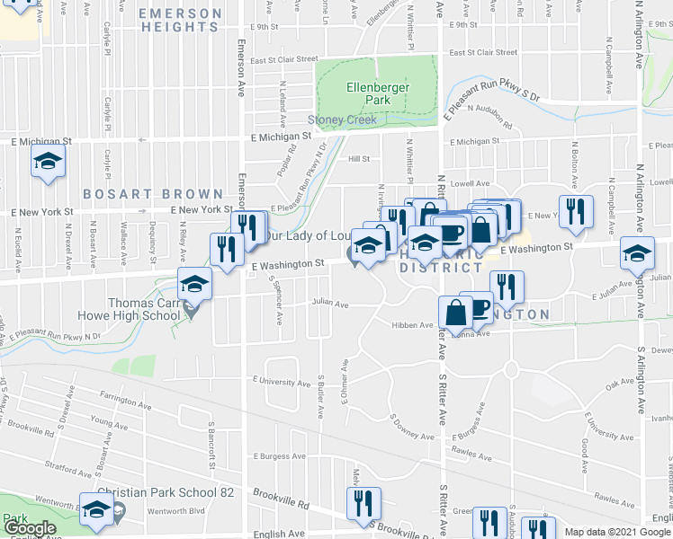 map of restaurants, bars, coffee shops, grocery stores, and more near 5333 East Washington Street in Indianapolis