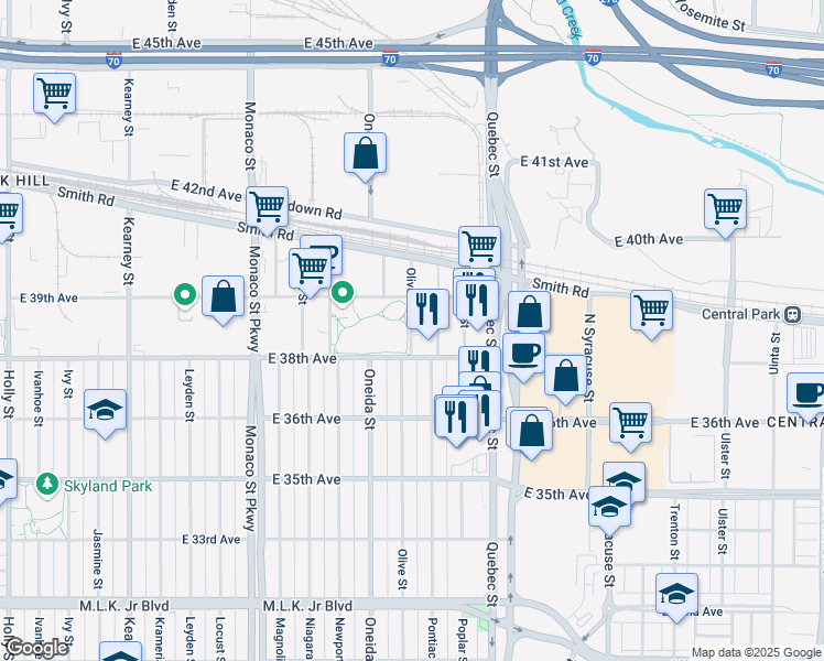 map of restaurants, bars, coffee shops, grocery stores, and more near 7048 38th Avenue in Denver