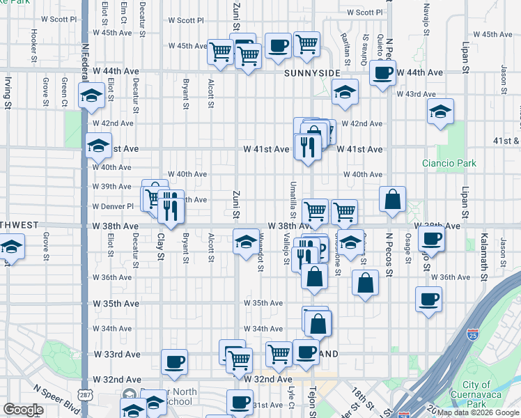 map of restaurants, bars, coffee shops, grocery stores, and more near in Denver
