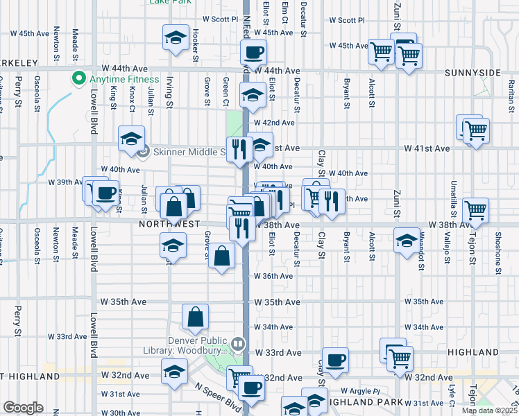 map of restaurants, bars, coffee shops, grocery stores, and more near 2923 West 38th Avenue in Denver