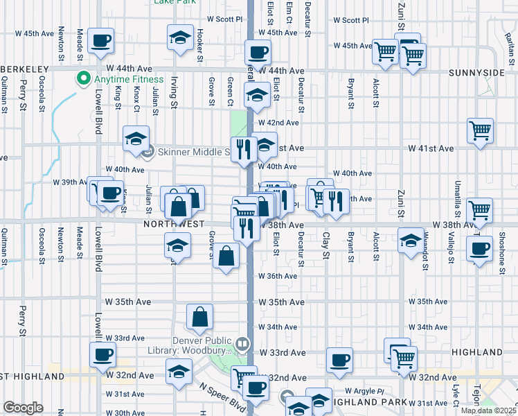 map of restaurants, bars, coffee shops, grocery stores, and more near 2925 West 38th Avenue in Denver