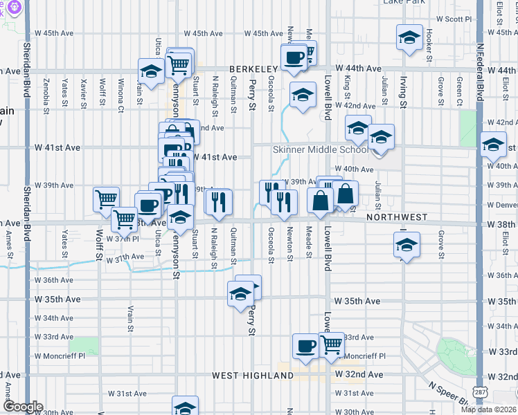 map of restaurants, bars, coffee shops, grocery stores, and more near 3923 West 38th Avenue in Denver