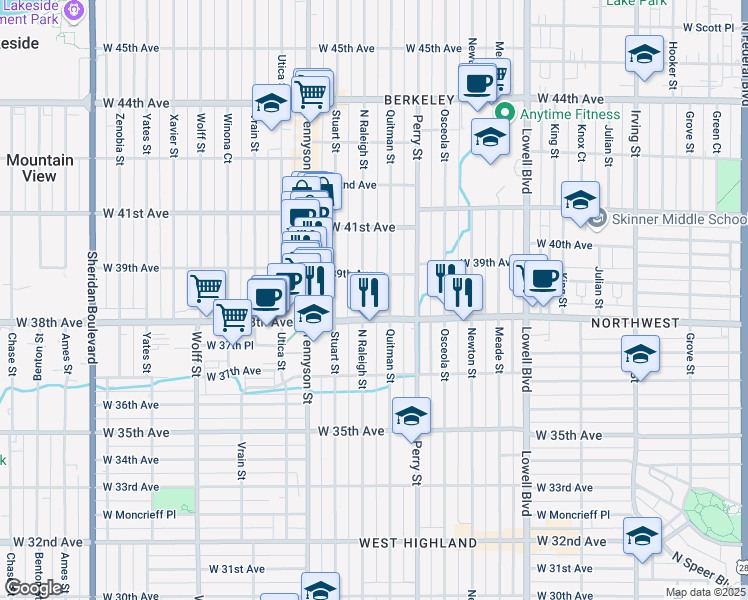 map of restaurants, bars, coffee shops, grocery stores, and more near 3800 Quitman Street in Denver