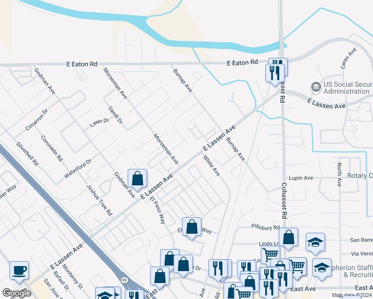 map of restaurants, bars, coffee shops, grocery stores, and more near 2824 Morseman Avenue in Chico